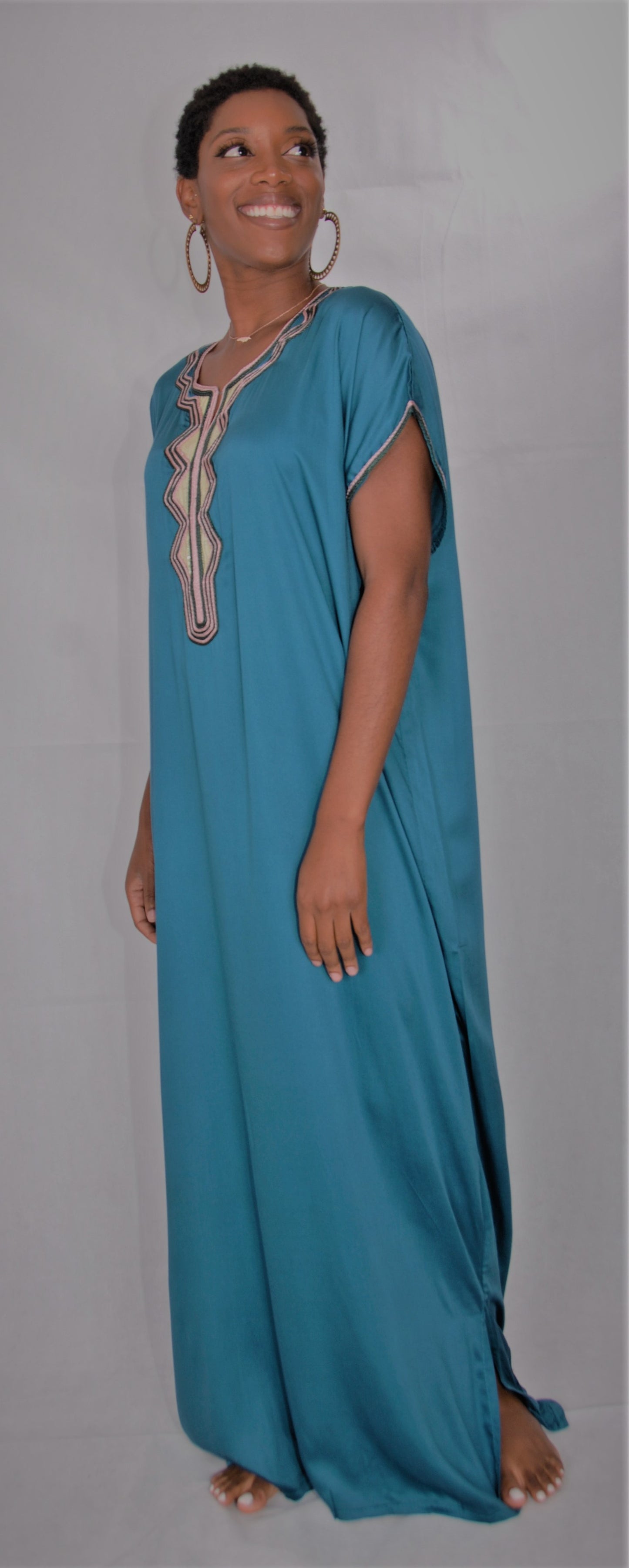 Moroccan kaftan/gondura- dusky blue tourqouise- one size fits all