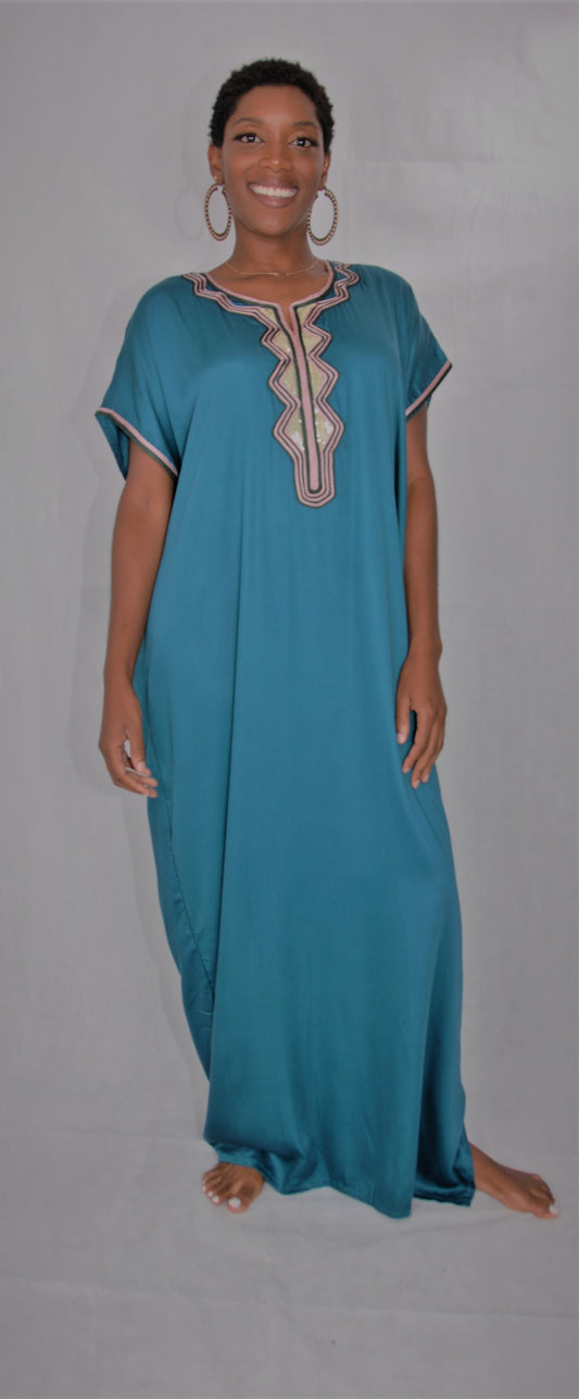 Moroccan kaftan/gondura- dusky blue tourqouise- one size fits all